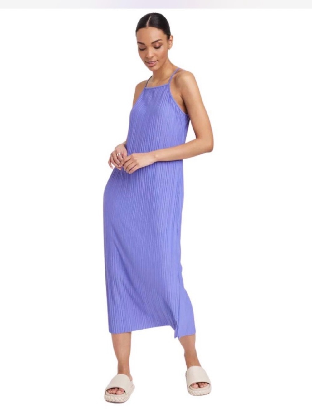 A New Day Plisse Pleated Halter Midi Dress in Lavender Purple Small